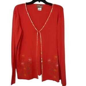 April Cornell VTG Floral Embroidered Open Front Cardigan Sweater Coral Red L